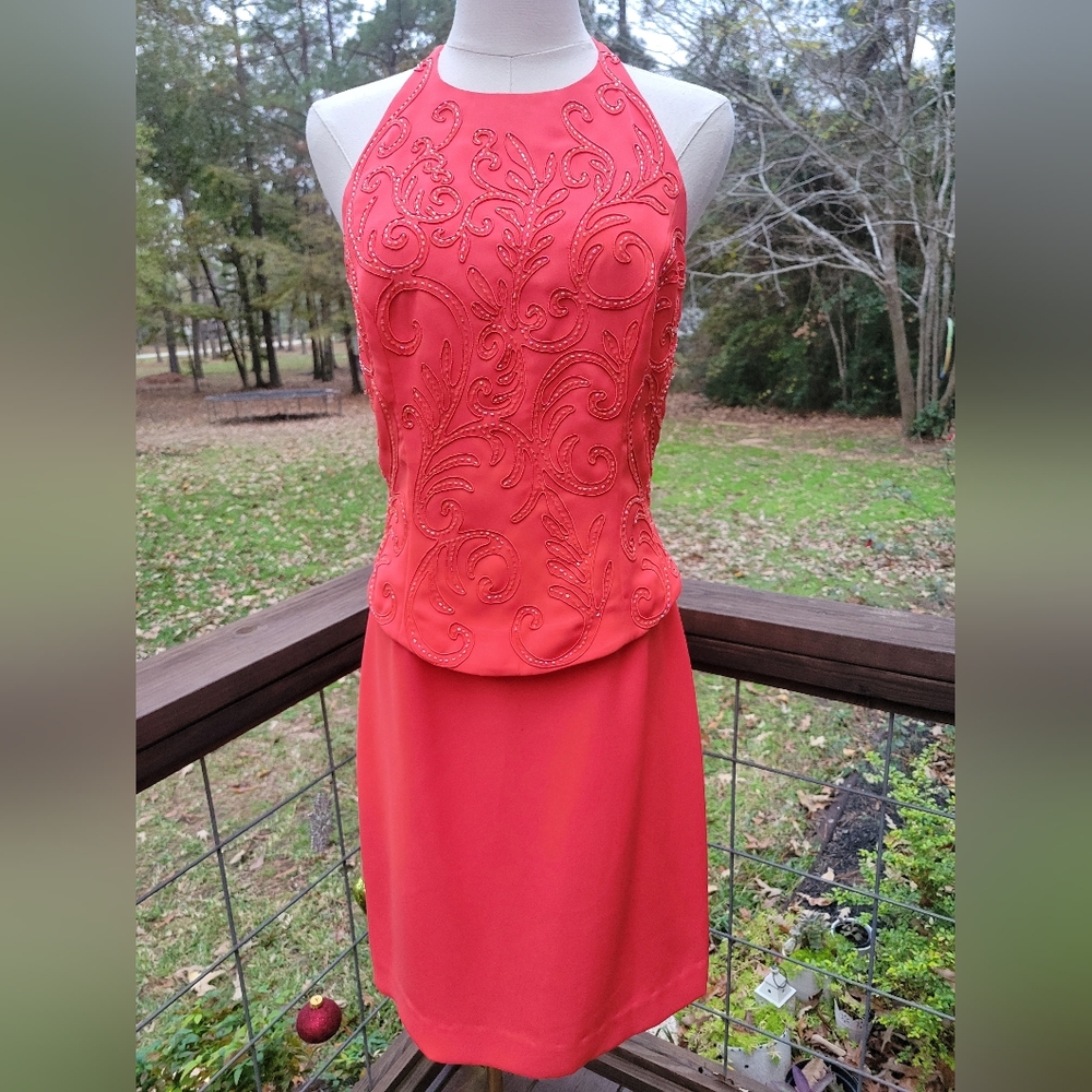 Marie St. Claire Elegant Coral Halter Dress with Embroidered Details
